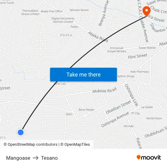 Mangoase to Tesano map