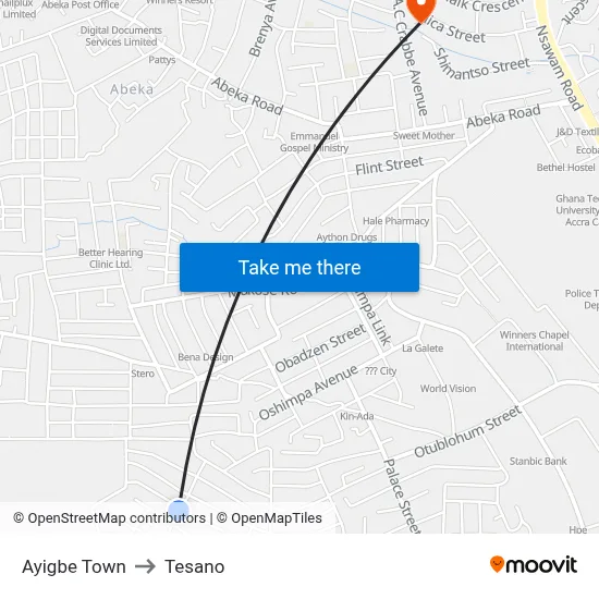 Ayigbe Town to Tesano map