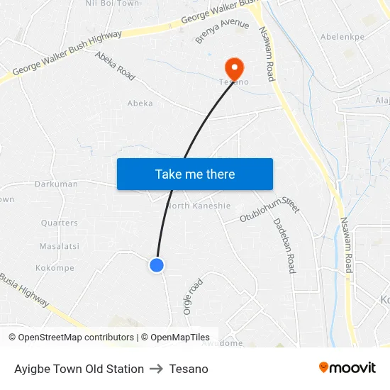Ayigbe Town Old Station to Tesano map