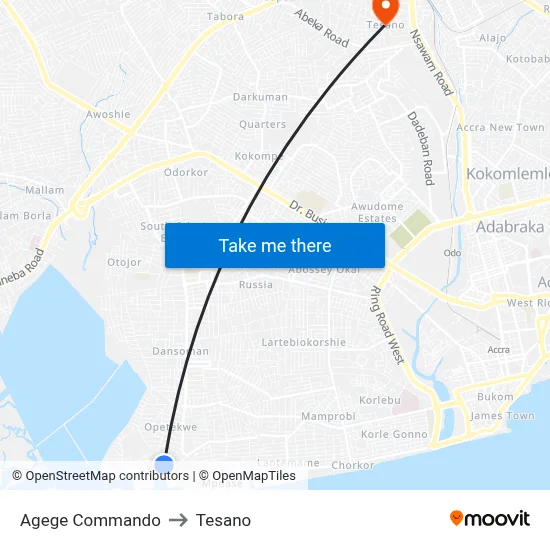 Agege Commando to Tesano map