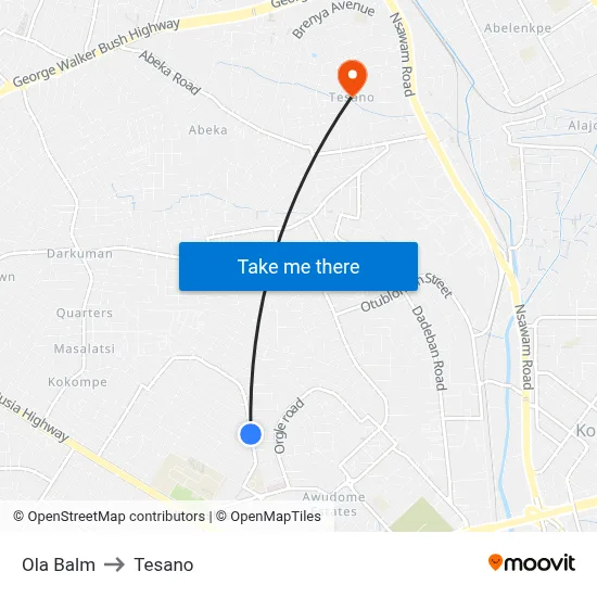 Ola Balm to Tesano map