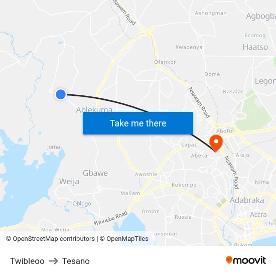 Twibleoo to Tesano map