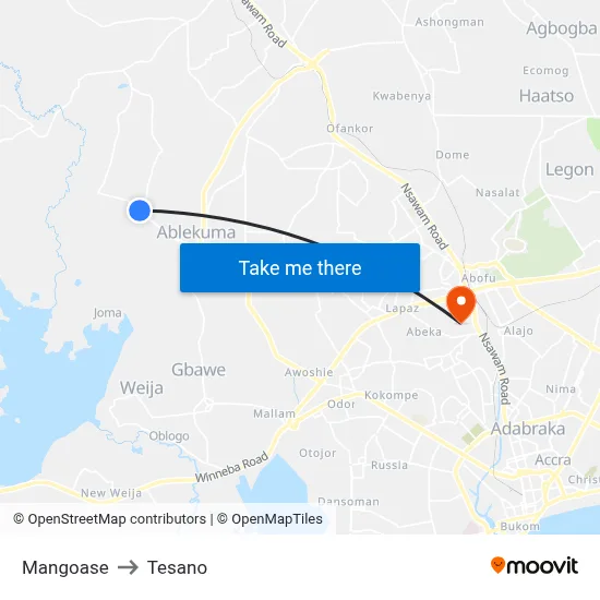 Mangoase to Tesano map