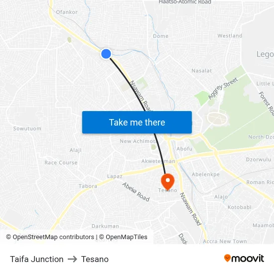Taifa Junction to Tesano map