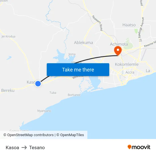 Kasoa to Tesano map