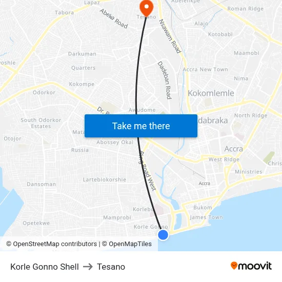 Korle Gonno Shell to Tesano map