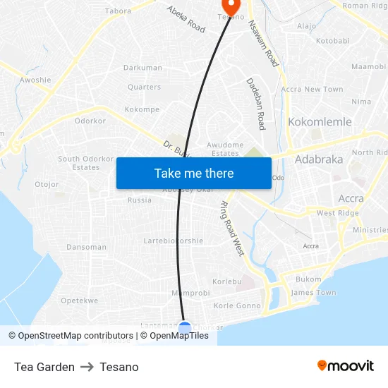 Tea Garden to Tesano map