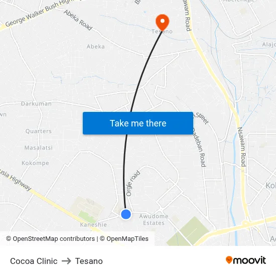 Cocoa Clinic to Tesano map