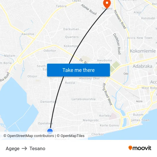 Agege to Tesano map