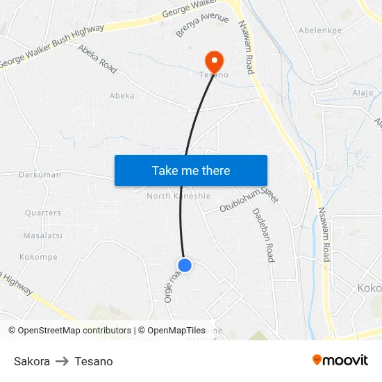 Sakora to Tesano map