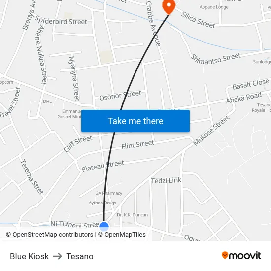 Blue Kiosk to Tesano map