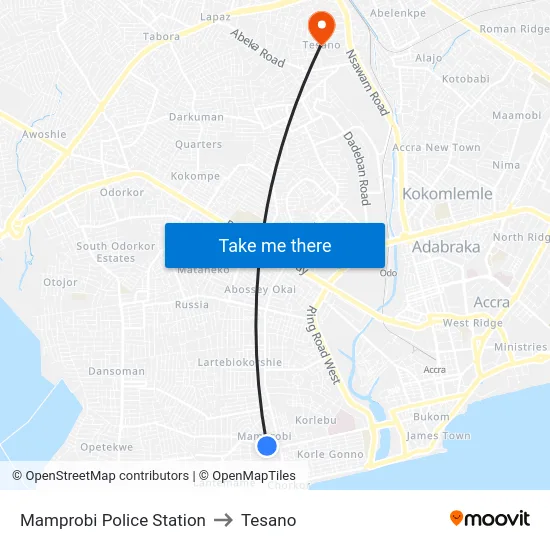 Mamprobi Police Station to Tesano map