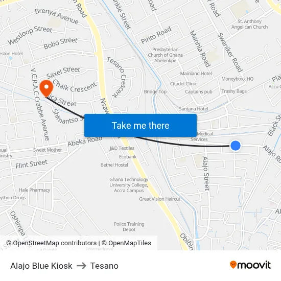 Alajo Blue Kiosk to Tesano map