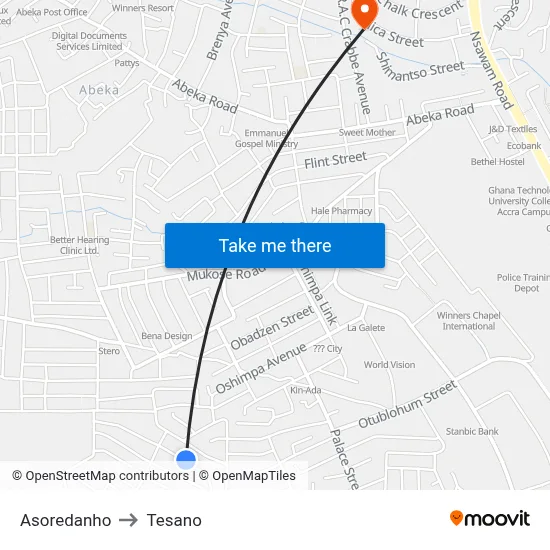 Asoredanho to Tesano map