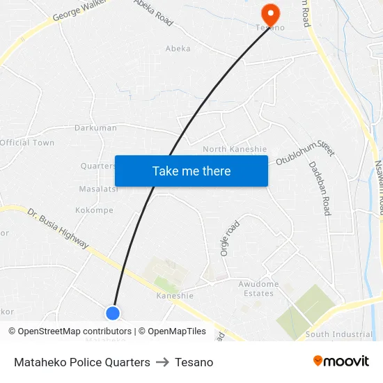 Mataheko Police Quarters to Tesano map