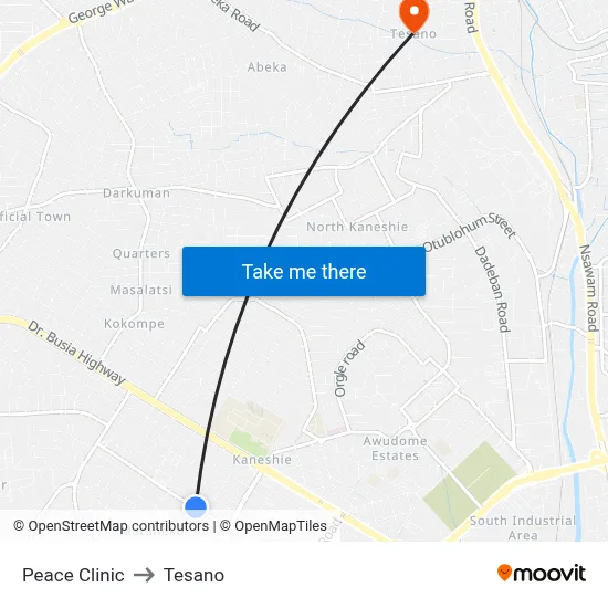 Peace Clinic to Tesano map