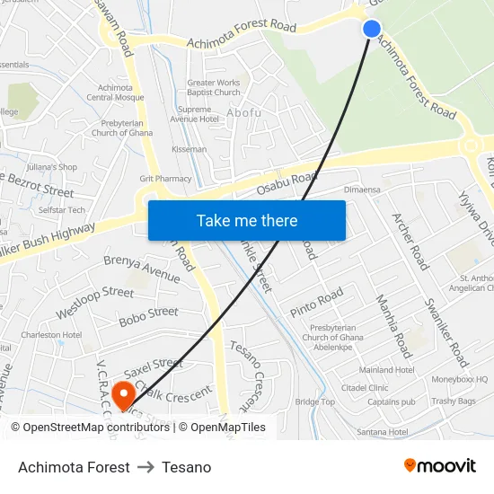 Achimota Forest to Tesano map