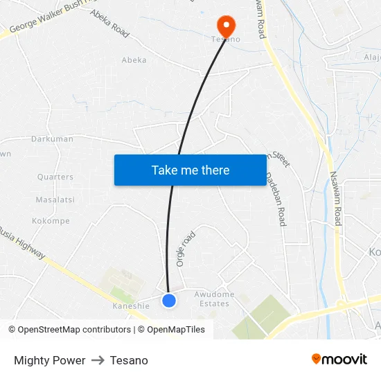 Mighty Power to Tesano map