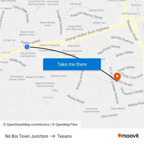 Nii Boi Town Junction to Tesano map