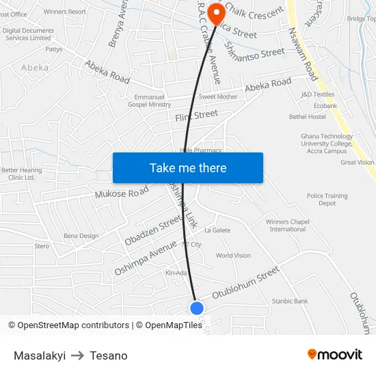 Masalakyi to Tesano map