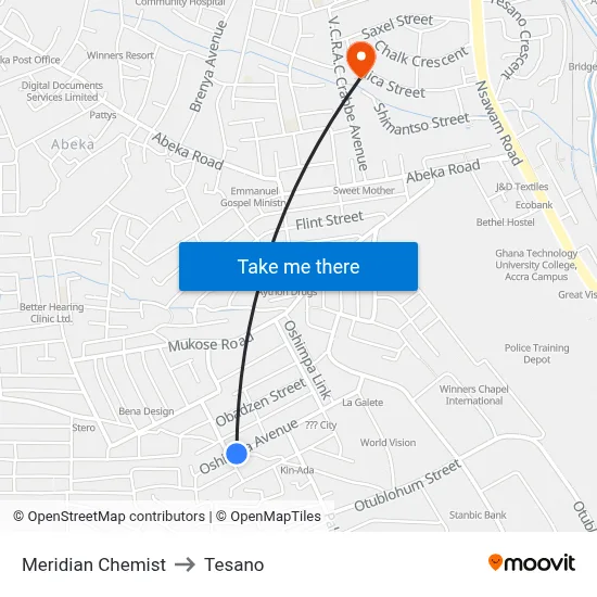 Meridian Chemist to Tesano map