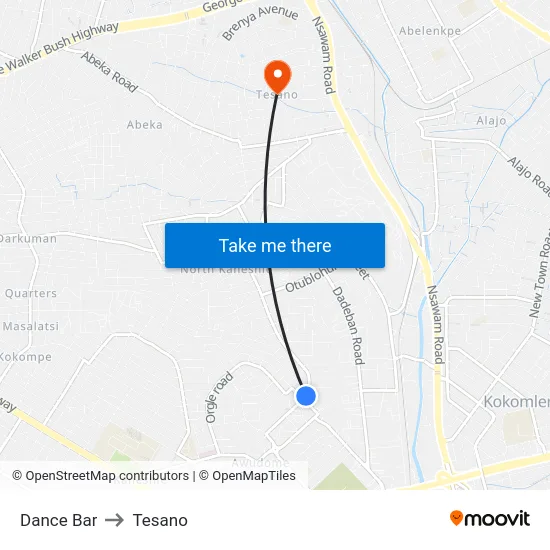 Dance Bar to Tesano map