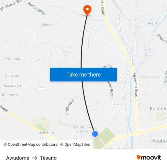 Awudome to Tesano map