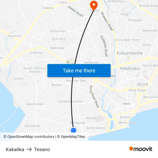 Kakalika to Tesano map