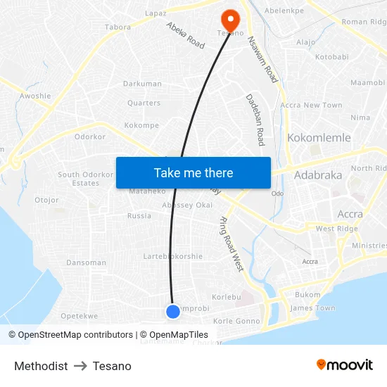 Methodist to Tesano map