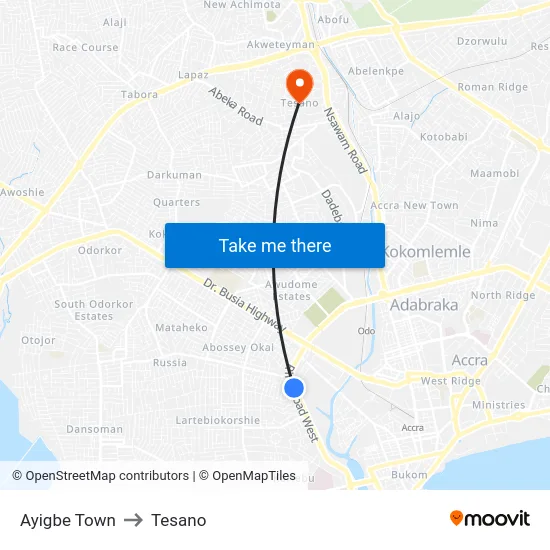 Ayigbe Town to Tesano map