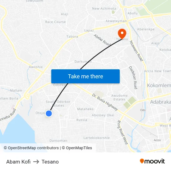Abam Kofi to Tesano map