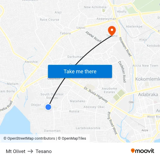 Mt Olivet to Tesano map