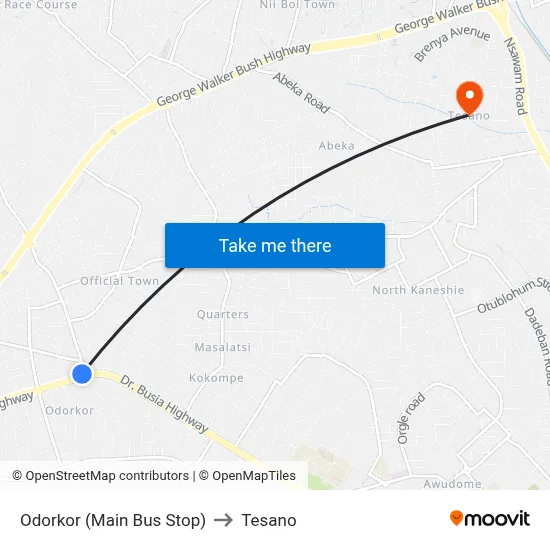 Odorkor (Main Bus Stop) to Tesano map