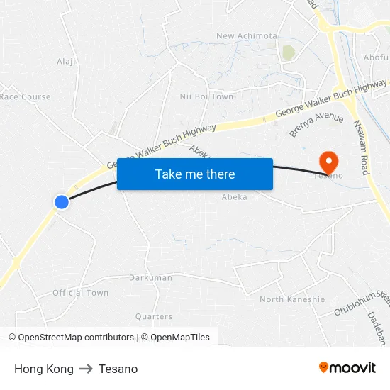 Hong Kong to Tesano map