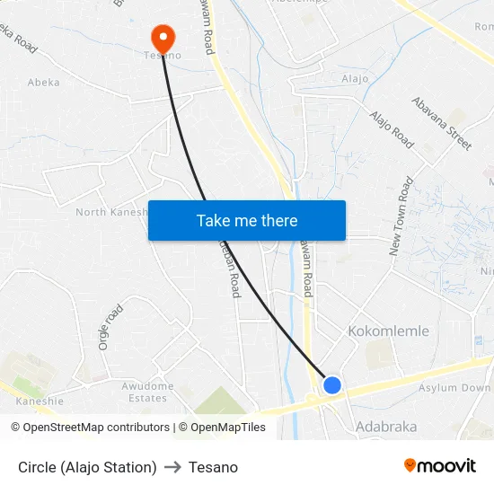 Circle (Alajo Station) to Tesano map