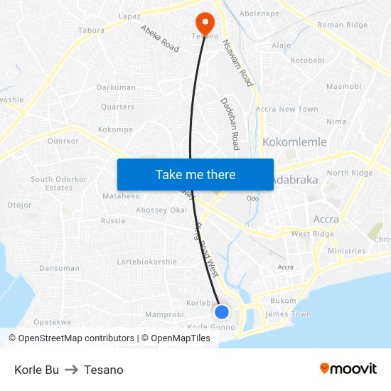 Korle Bu to Tesano map