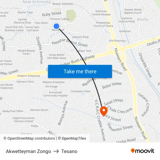Akwetteyman Zongo to Tesano map