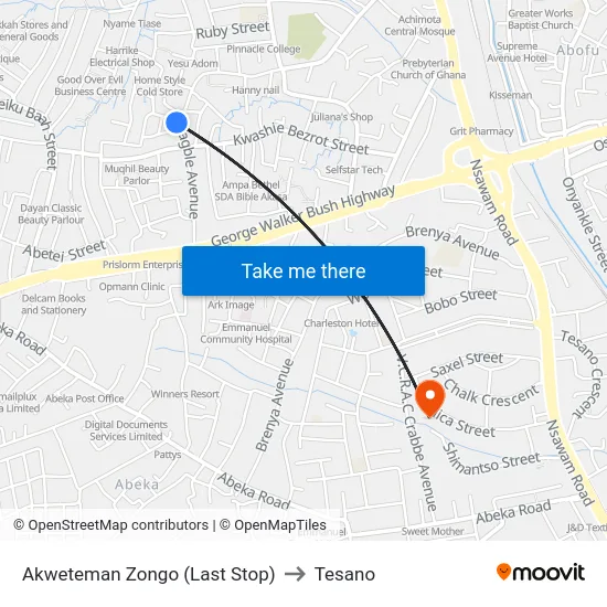 Akweteman Zongo (Last Stop) to Tesano map