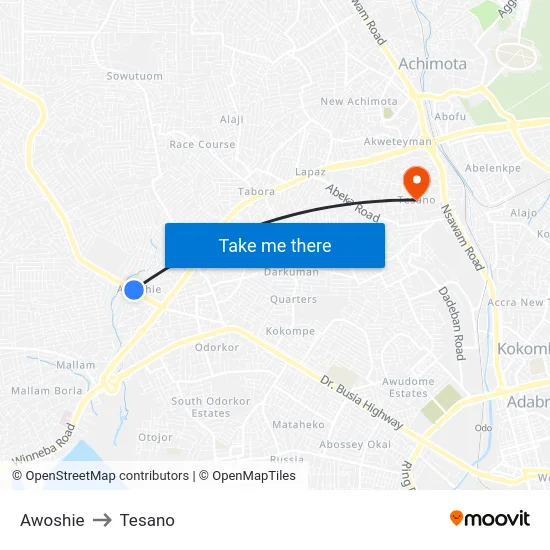 Awoshie to Tesano map