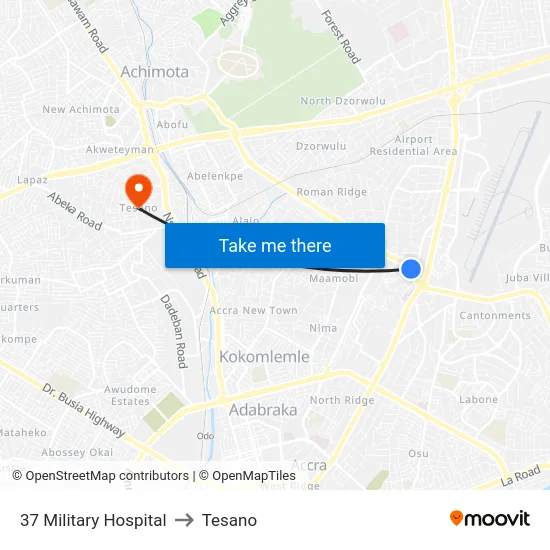 37 Military Hospital to Tesano map