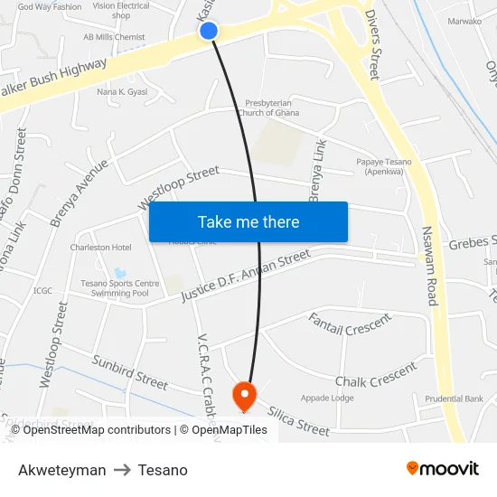 Akweteyman to Tesano map