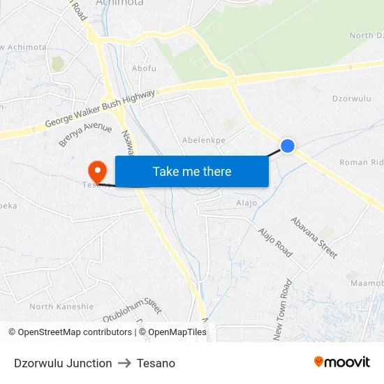 Dzorwulu Junction to Tesano map