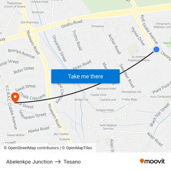 Abelenkpe Junction to Tesano map