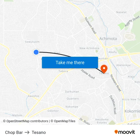Chop Bar to Tesano map