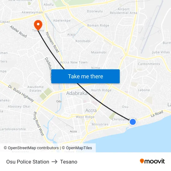 Osu Police Station to Tesano map