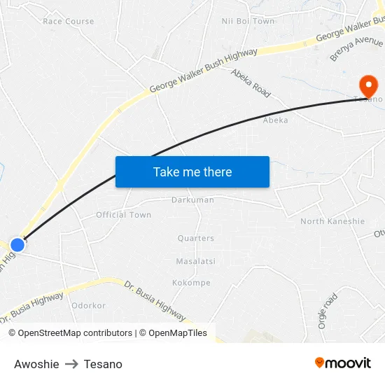 Awoshie to Tesano map