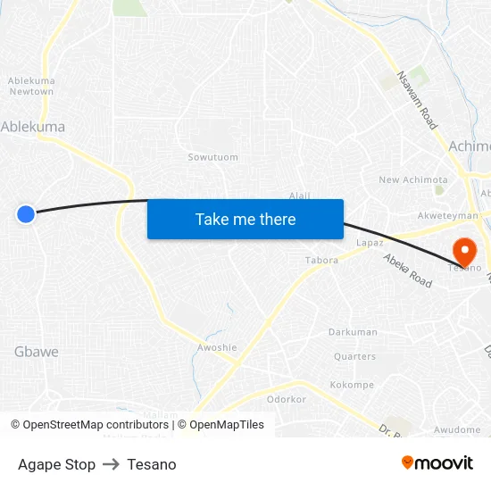 Agape Stop to Tesano map