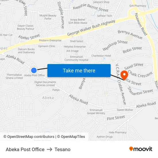 Abeka Post Office to Tesano map