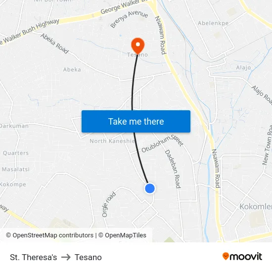 St. Theresa's to Tesano map