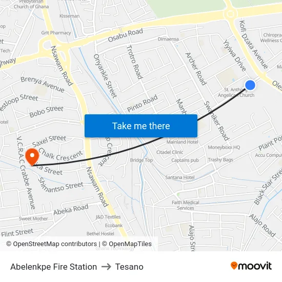 Abelenkpe Fire Station to Tesano map